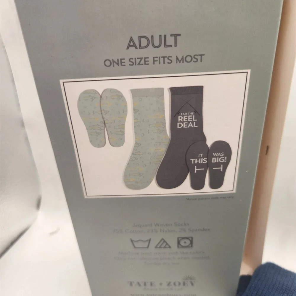 Tate + Zoey 2 Pair Fishing Socks Mens One Size I Am The Reel Deal Blue Cotton